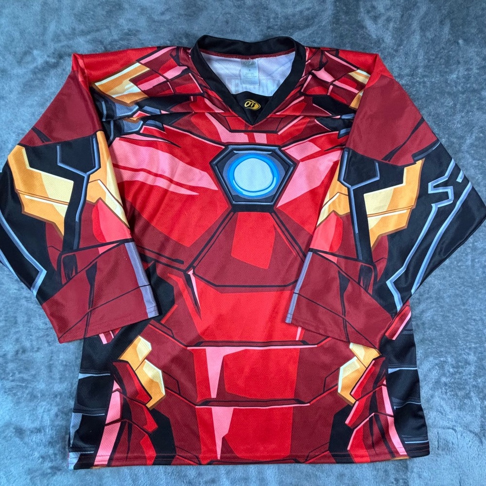 OT Sports Marvel Iron Man Hockey Jersey Mens Small Red Armor Sublimated USA Made